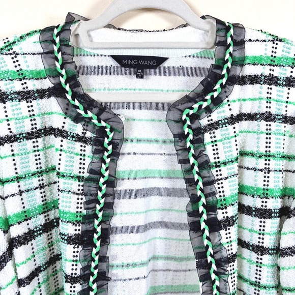 Ming Wang Embellished Knit Jacket Striped Sz XL Green Black White Office Church - Picture 5 of 15